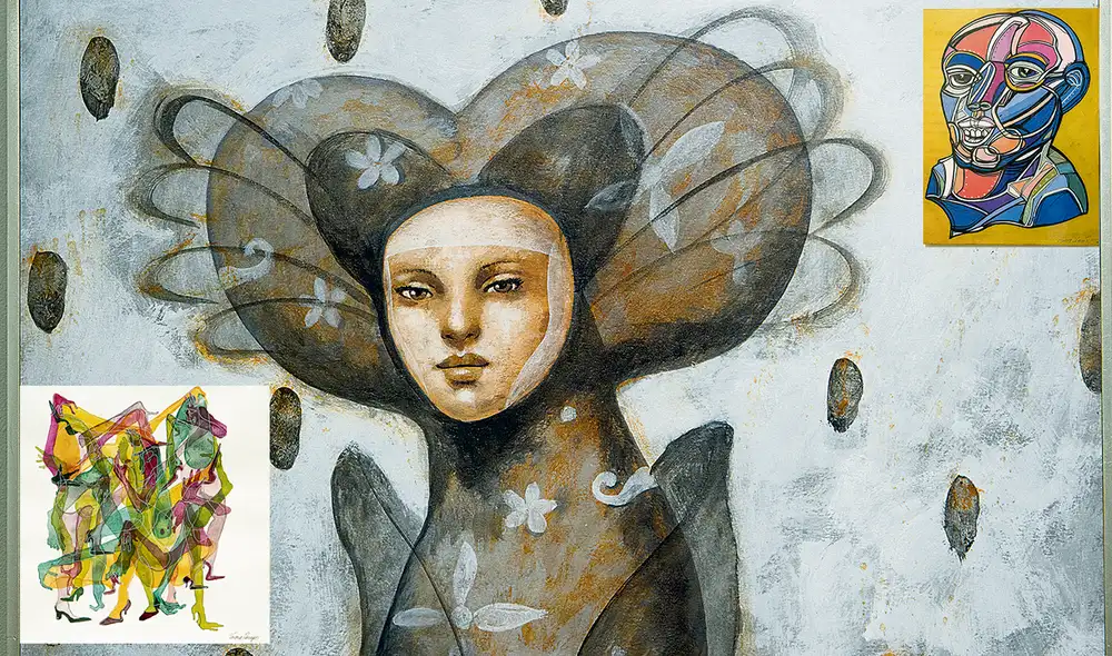 Obras. Centro: “Dama” . Pintura cuasisurrealista de Joseph Firbas. Izq.: acuarela de Verónica Penagos. Der.: retrato de Luis Castellanos. Foto: composición LR