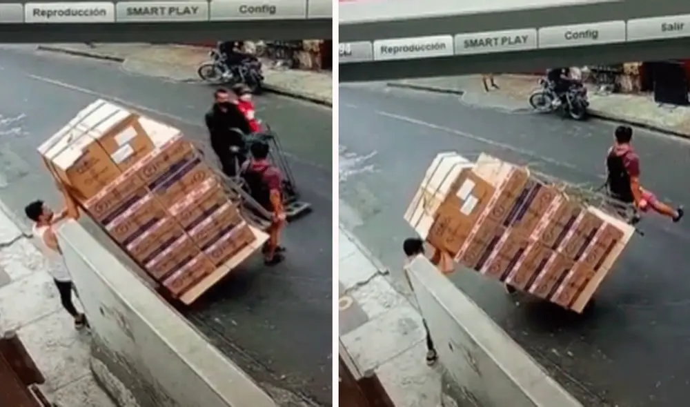 Al parecer, los trabajadores colocaron demasiadas cajas, lo que ocasionó que la carreta se vaya para atrás. Foto: captura de TikTok Al parecer, los trabajadores colocaron demasiadas cajas, lo que ocasionó que la carreta se vaya para atrás. Foto: captura de TikTok