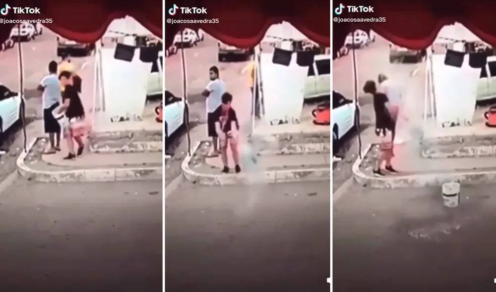 El joven no imaginaba que terminaría empapado por no agarrar bien el balde con agua. Foto: captura de TikTok