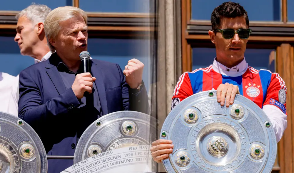 Oliver Kahn y Robert Lewandowski en la celebración de la décima Bundesliga consecutiva. Foto: composición GLR/EFE