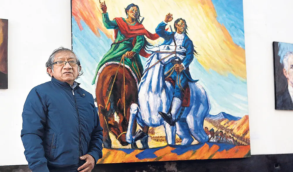 Épicos. Bruno Portuguez al pie de su obra sobre Micaela Parado de Bellido y Túpac Amaru. Foto: Marco Cotrina/La República
