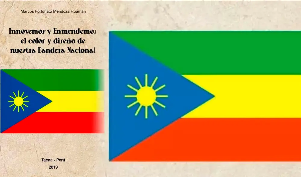 El ciudadano Mendoza Huamán escribió un documento llamado “Innovemos y enmendemos el color y diseño de nuestra bandera nacional” para explicar las razones del cambio del símbolo patrio. Foto: Composición/Fabrizio Oviedo El ciudadano Mendoza Huamán escribió un documento llamado “Innovemos y enmendemos el color y diseño de nuestra bandera nacional” para explicar las razones del cambio del símbolo patrio. Foto: Composición/Fabrizio Oviedo