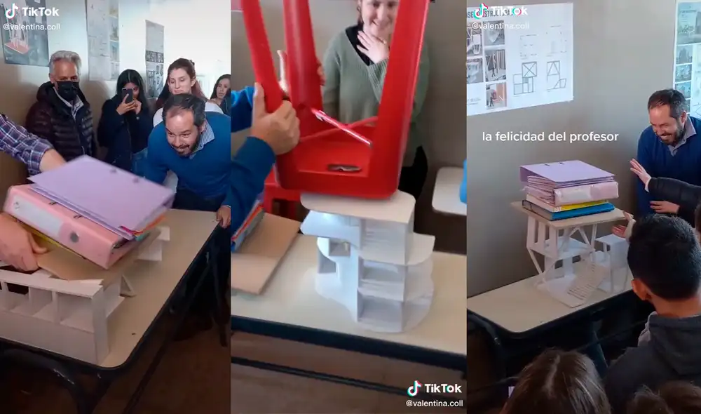 El profesor sorprendió con su peculiar forma de probar la resistencia de las maquetas. Foto: composición/ @valentina.coll/TikTok El profesor sorprendió con su peculiar forma de probar la resistencia de las maquetas. Foto: composición/ @valentina.coll/TikTok