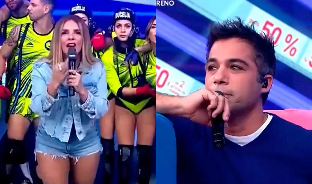 Johanna San Miguel y Renzo Schuller se enfrentaron en el set de "Esto es guerra". Foto: composición América TV Johanna San Miguel y Renzo Schuller se enfrentaron en el set de "Esto es guerra". Foto: composición América TV