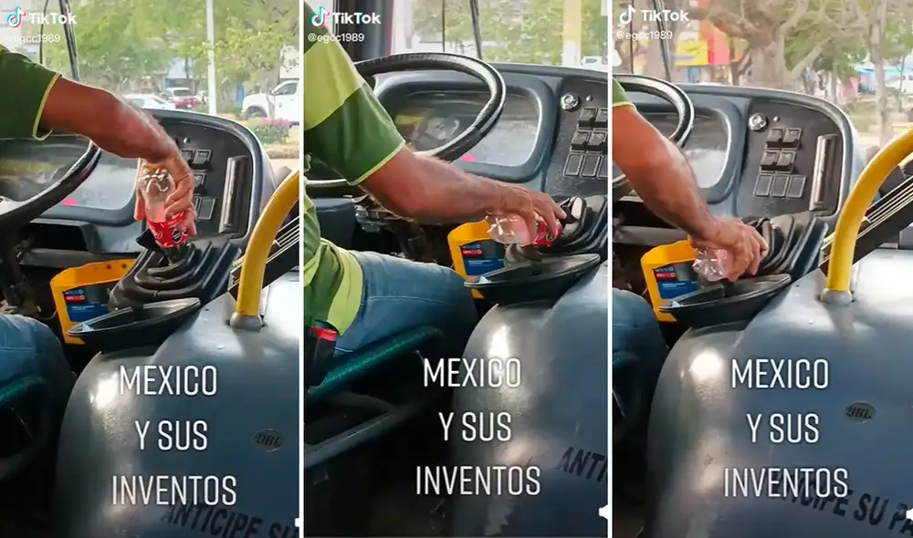 El chofer del bus no dudó en colocar la botella de plástico en la palanca de cambios. Foto: captura de TikTok