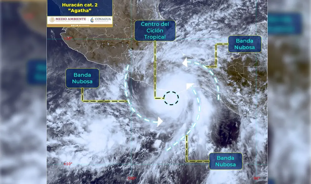 En el reporte del domingo, Agatha fue ubicado a 315 km del oeste-suroeste de Puerto Ángel, Oaxaca. Foto: Conagua.