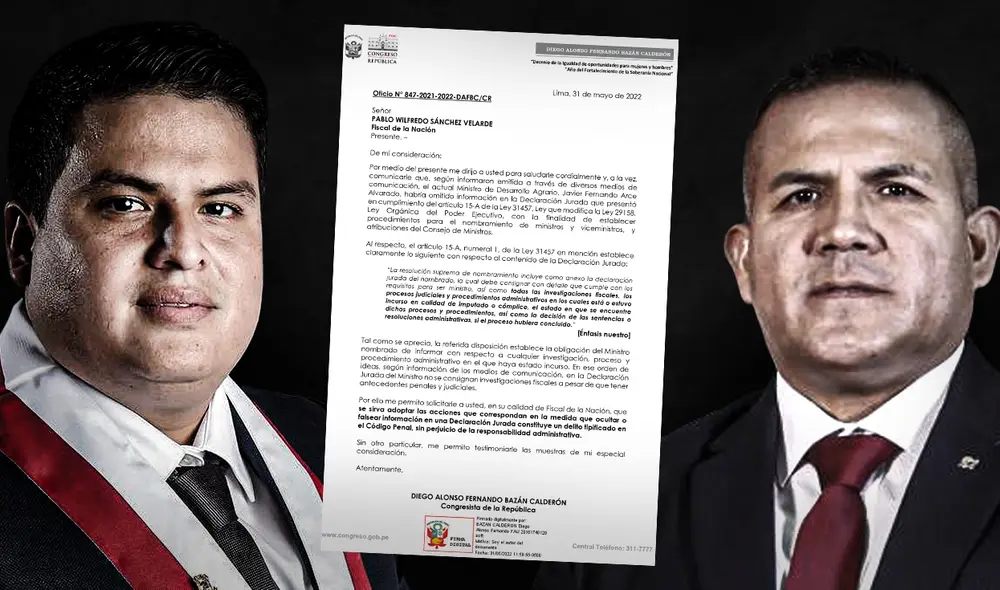 El congresista envió un oficio al fiscal de la Nación, Pablo Sánchez, para que inicie las acciones legales contra el ministro Javier Arce. Foto: composición Jazmin Ceras El congresista envió un oficio al fiscal de la Nación, Pablo Sánchez, para que inicie las acciones legales contra el ministro Javier Arce. Foto: composición Jazmin Ceras