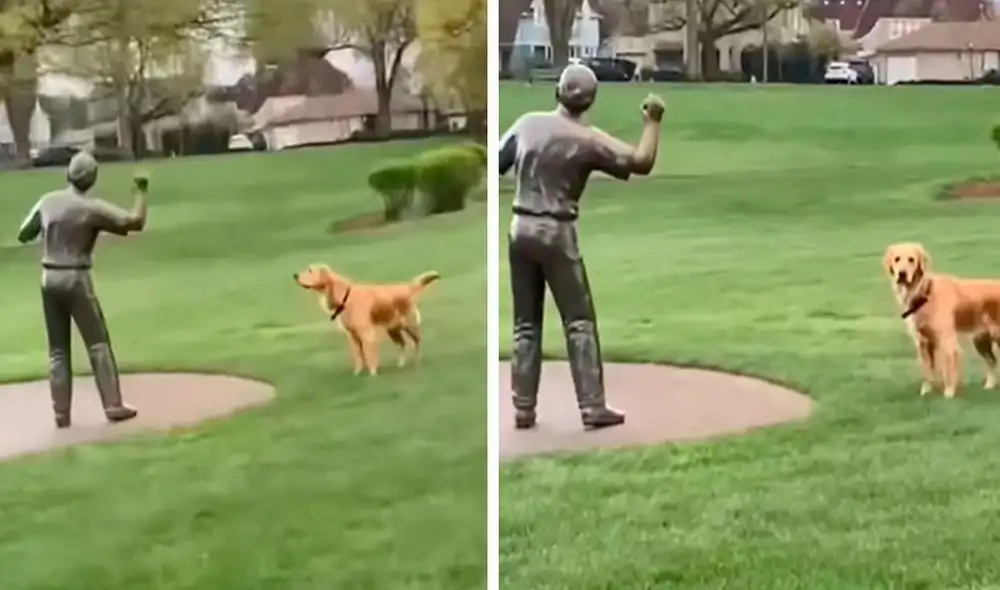 Luego de que llevó a su mascota a un nuevo parque, esta descubrió unas esculturas en forma de un hombre y un perro. Foto: composición/ captura de Facebook