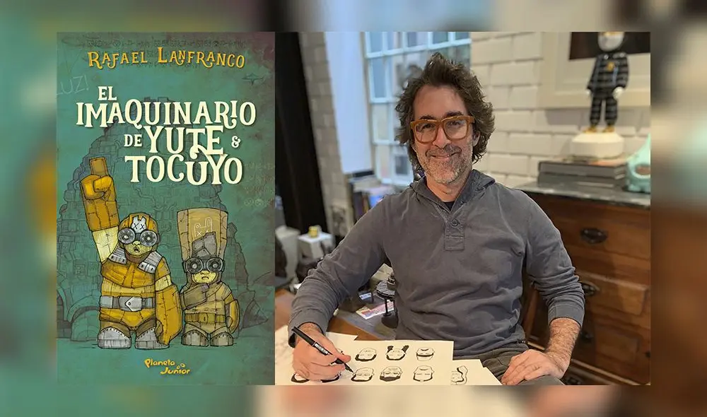 El artista Rafael Lanfranco. Al lado, portada de su nuevo libro, "El imaquinario de Yute y Tocuyo". Fotocomposición: La República.