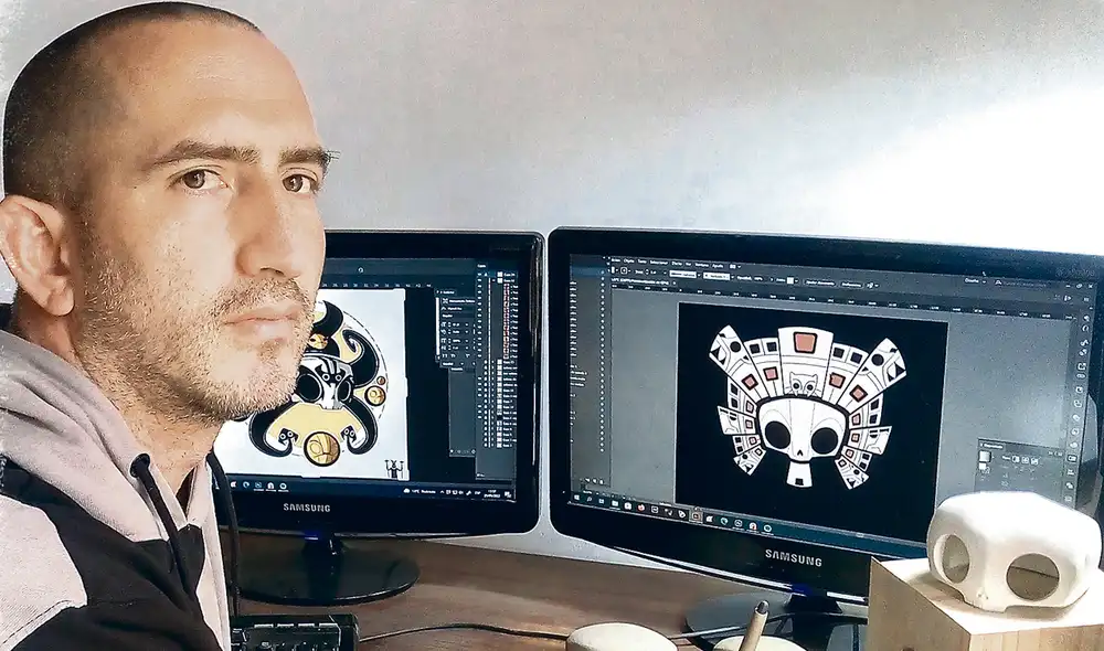 Artista. Álvaro Velarde los Santos, ‘Folk Chamac’, en momentos que diseña sus calaveras. Foto: difusión Artista. Álvaro Velarde los Santos, ‘Folk Chamac’, en momentos que diseña sus calaveras. Foto: difusión