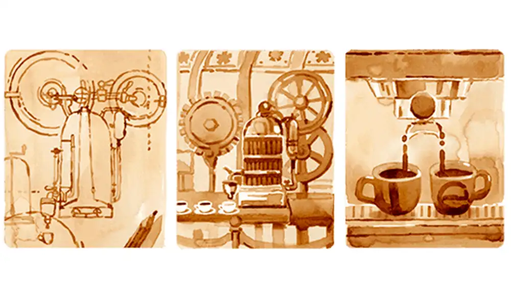 El doodle de este 6 de junio fue elaborado enteramente por café en conmemoración del nacimiento del inventor de la máquina de expreso. Foto: captura Google El doodle de este 6 de junio fue elaborado enteramente por café en conmemoración del nacimiento del inventor de la máquina de expreso. Foto: captura Google