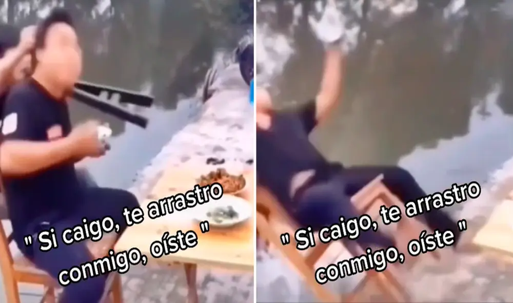El joven solo atinó a agarrar a su amigo por el cabello para no caer al agua. Foto: captura de TikTok