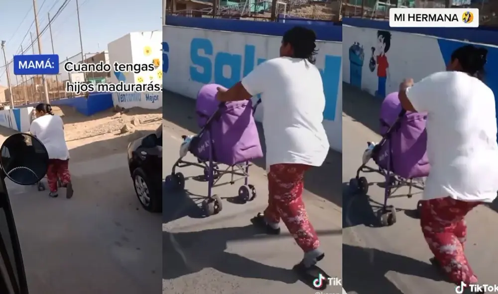 La joven divirtió con su actuación al realizar un 'entrenamiento' mientras paseaba a su bebé. Foto: captura de TikTok