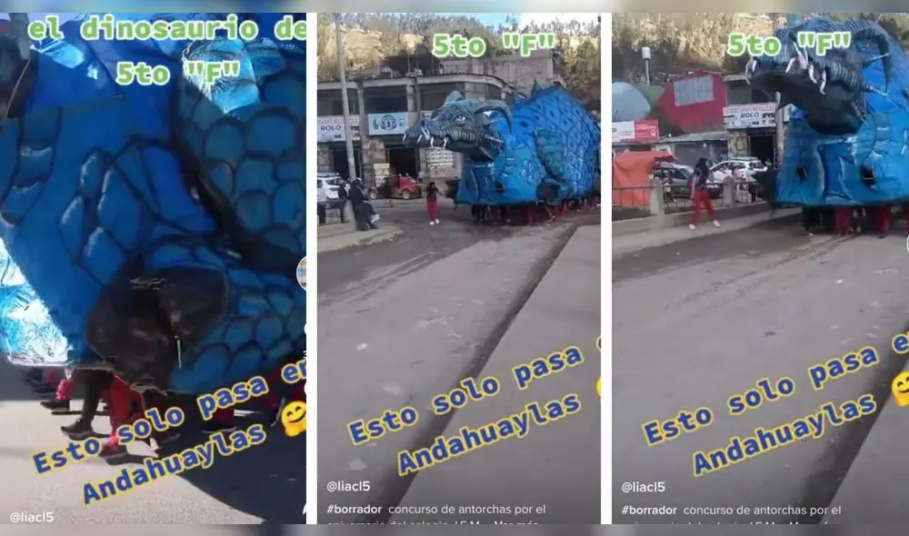 En las imágenes se observa a un enorme dinosaurio elaborado con diversos materiales el mismo que es movilizado por un grupo de escolares.