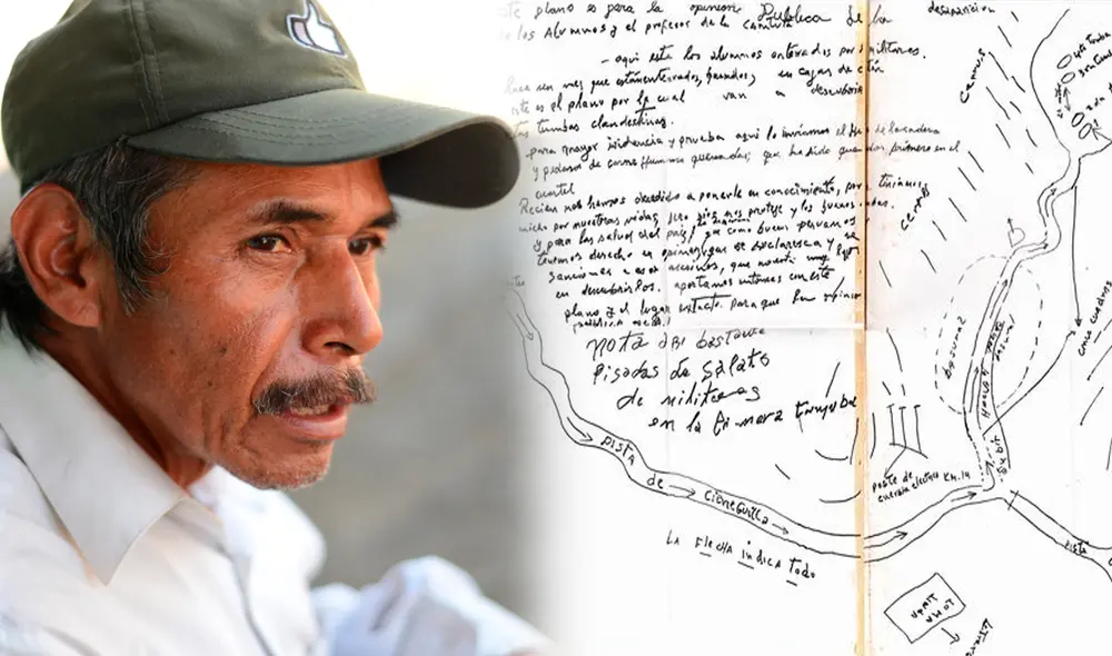 Justo Arizapana y el mapa que dibujó para localizar los cuerpos de los estudiantes de La Cantuta. Foto: composición Jhersson Santiago / La República
