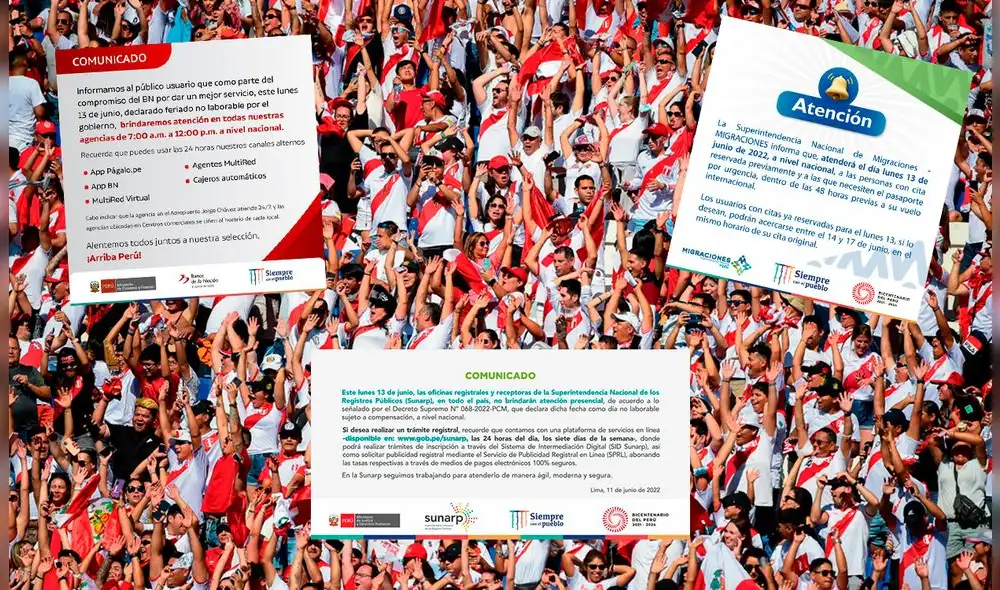 Varias entidades del Estado atenderán con normalidad este lunes 13, fecha del partido de repechaje entre Perú vs. Australia. Foto: composición LR