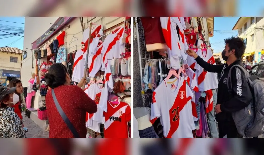 Los comerciantes de la céntrica calle Trinitarias del Cusco están más que felices por la gran demanda de polos con los colores patrios. Foto: LR