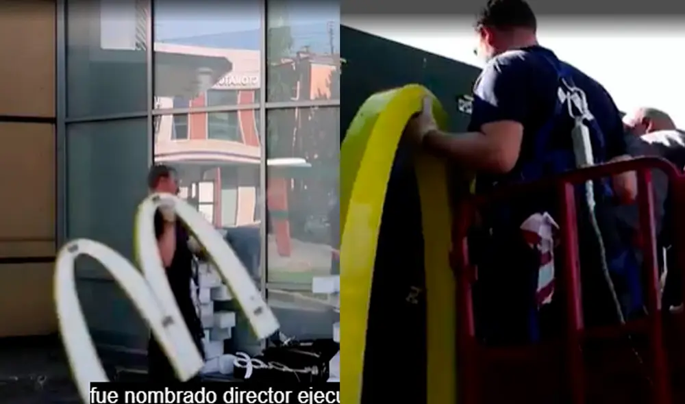 Trabajadores retiran todo lo relacionado a McDonald's en uno de los restaurantes ubicados en Moscú. Foto: captura video/New York Post