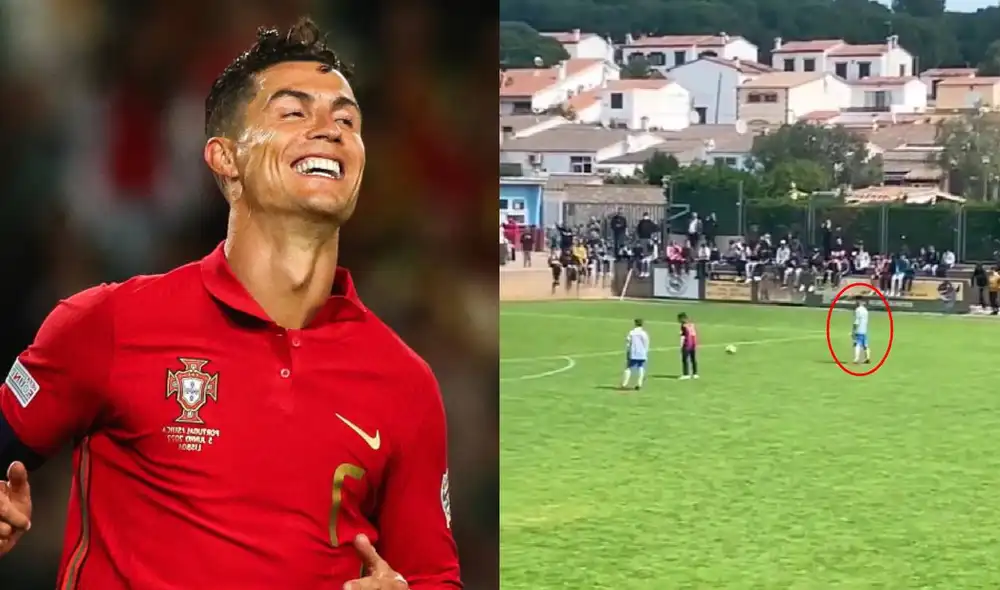 Cristiano Ronaldo Jr. quiso ser figura en un partido de menores, pero cometió un blooper. Foto: composición EFE/captura TikTok Cristiano Ronaldo Jr. quiso ser figura en un partido de menores, pero cometió un blooper. Foto: composición EFE/captura TikTok