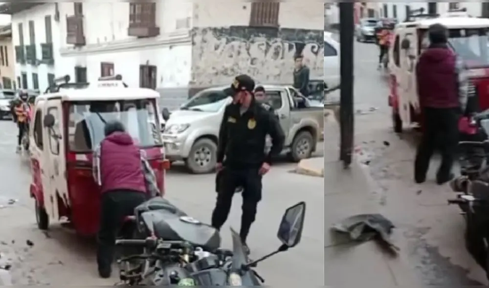 Un presunto policía motorizado chocó contra una mototaxi en el jirón Huánuco, ubicado en la región Cajamarca, este 19 de junio. Foto: captura de Cajamarca Reporteros Un presunto policía motorizado chocó contra una mototaxi en el jirón Huánuco, ubicado en la región Cajamarca, este 19 de junio. Foto: captura de Cajamarca Reporteros
