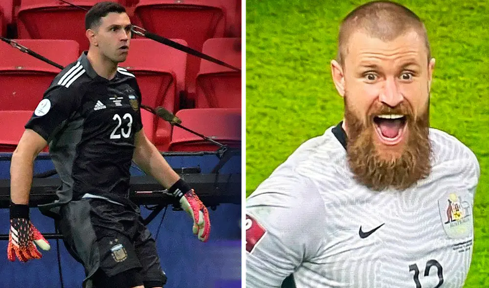 'Dibu' Martínez respaldó a Andrew Redmayne. Foto: composición/ AFP/ captura de Movistar Deportes