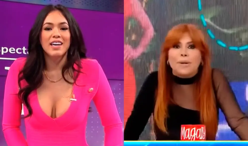 Jazmín Pinedo estuvo acompañada de 'Choca' Mandros durante su mensaje en contra de Magaly Medina. Foto: composición captura América TV, ATV. Jazmín Pinedo estuvo acompañada de 'Choca' Mandros durante su mensaje en contra de Magaly Medina. Foto: composición captura América TV, ATV.