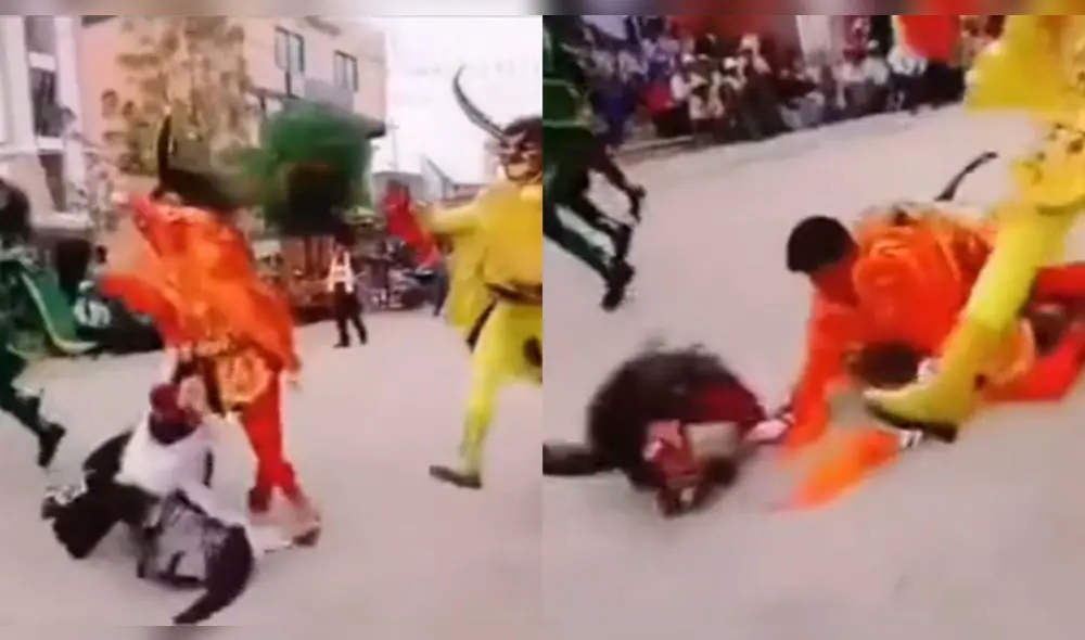 El hombre vestido de cóndor y el danzante de diablada se quedaron sin la cabeza de su traje. Foto: composición/ @frank_28c/TikTok El hombre vestido de cóndor y el danzante de diablada se quedaron sin la cabeza de su traje. Foto: composición/ @frank_28c/TikTok