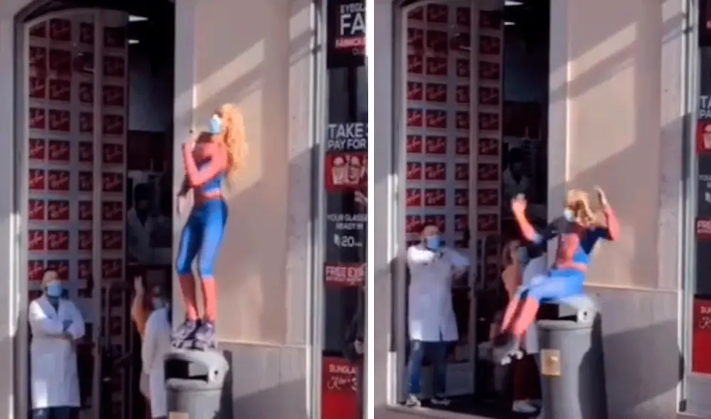 La ‘Mujer Araña’ cayó sentada encima del enorme basurero, y aunque por unos segundos se mostró adolorida continuó con su espectáculo. Foto: captura de TikTok La ‘Mujer Araña’ cayó sentada encima del enorme basurero, y aunque por unos segundos se mostró adolorida continuó con su espectáculo. Foto: captura de TikTok