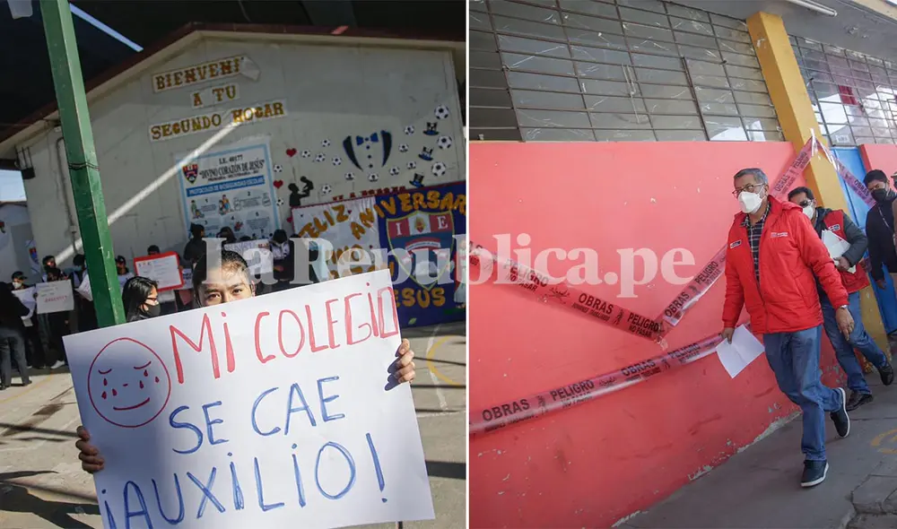 Ministro de Educación constató deficiente infraestructura de colegio  I.E. 40177 Divino Corazón de Jesús en Paucarpata. Foto: Rodrigo Talavera/La República Composición