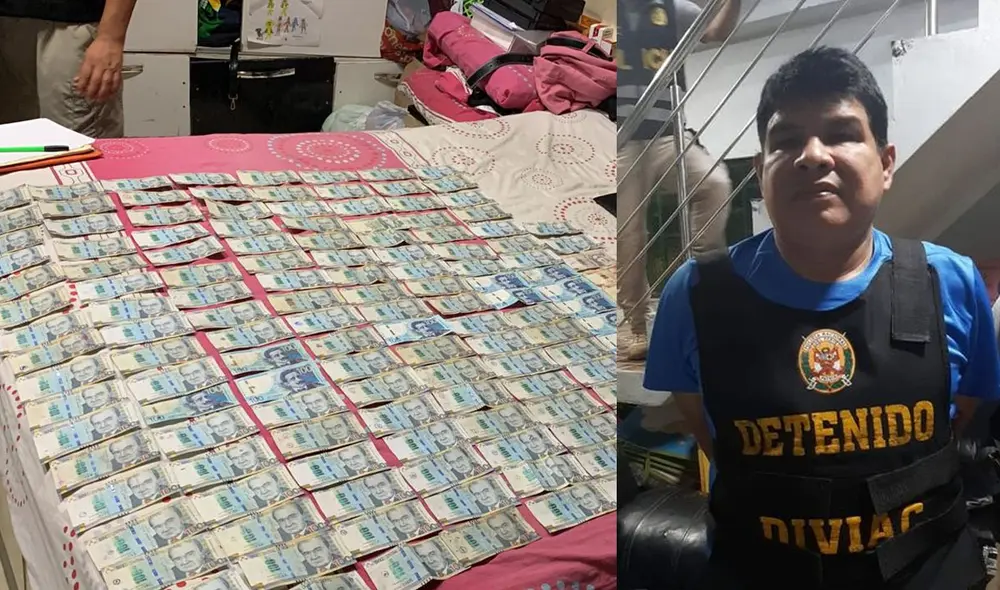 Detenido fue encontrado con fajos de billete que fueron producto de acciones ilícitas. Foto: PNP
