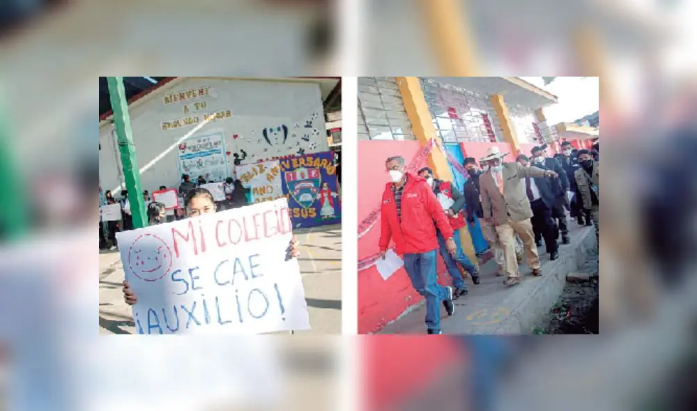 Reclamo. Estudiantes recibieron a ministro en Colegio Divino Ñino con carteles de protesta.