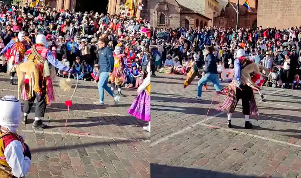El participante fue ovacionado por los asistentes por pasar entre los fuertes látigos. Foto: @maisumac/ captura de TikTok El participante fue ovacionado por los asistentes por pasar entre los fuertes látigos. Foto: @maisumac/ captura de TikTok