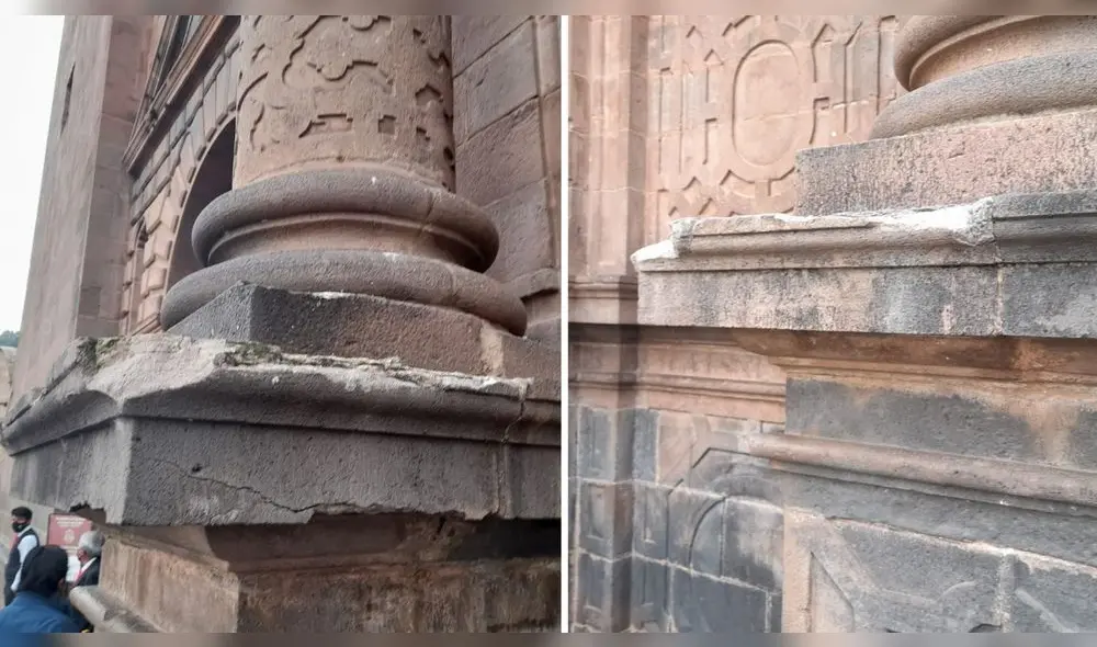 Espectadores dañaron estructuras de la Catedral al trepar a sus pilares para tratar de observar el Inti Raymi. Foto: La República/ Luis Álvarez