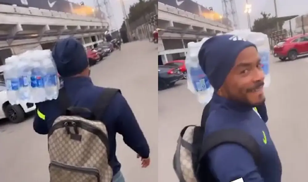 Divertido momento. Farfán le hace una broma a Aguirre, quien se estaba llevando botellas de agua de Alianza Lima tras entrenar. Foto: captura de Instagram