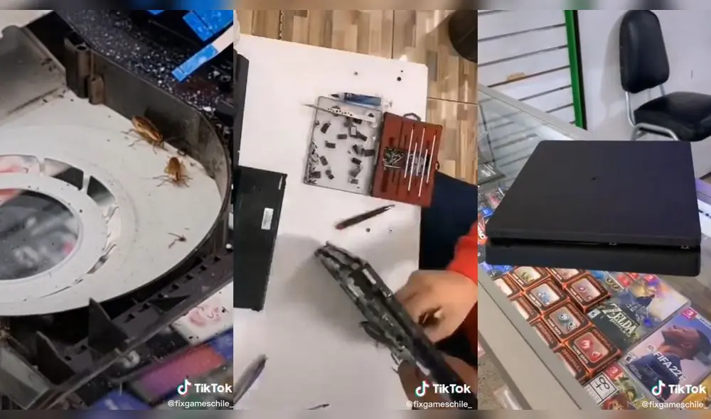 El técnico tuvo que cambiar la fuente de poder de la PlayStation 4 y la limpió. Foto: composición/ @fixgameschile_/TikTok