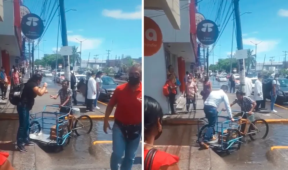 Una rotura de tubería ocasionó que los peatones buscaran una forma de solucionar su traslado en medio de la calle inundada. Foto: @tonyjardines90/TikTok Una rotura de tubería ocasionó que los peatones buscaran una forma de solucionar su traslado en medio de la calle inundada. Foto: @tonyjardines90/TikTok