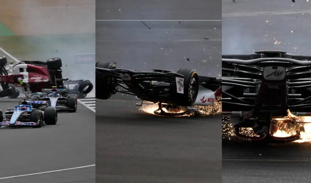 Terrible accidente en el inicio del GP Gran Bretaña de la F1. El piloto, Guanyu Zhou de Alfa Romeo, fue el más afectado. Fuente: composición/captura ESPN