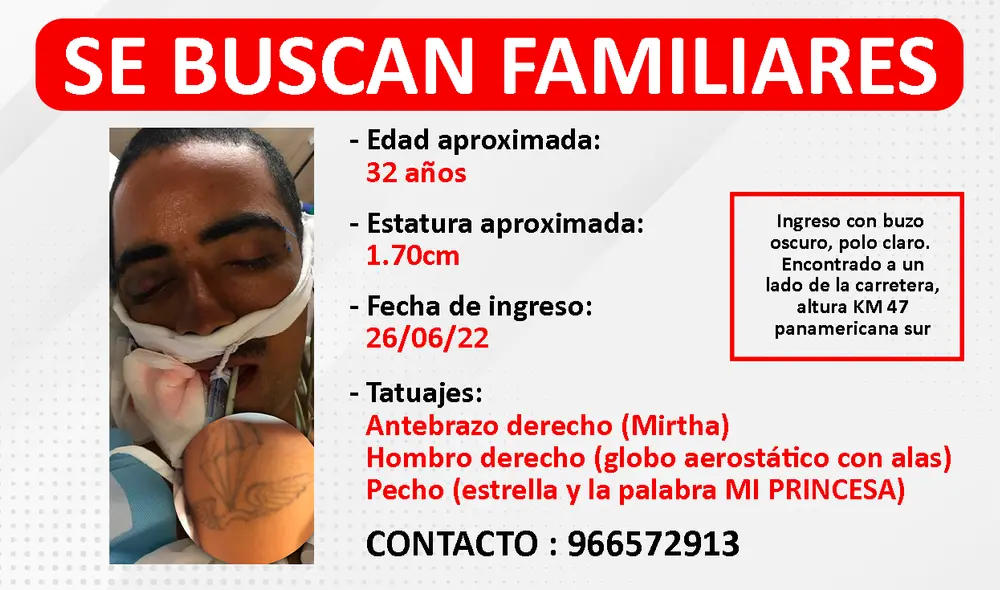 Para su mejor identificación, el centro de salud ha informado sobre los tatuajes específicos que posee. Foto: composición Jazmín Ceras/La República