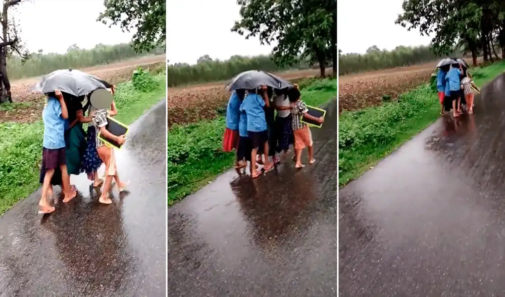 El grupo de niños no se amilanó con la fuerte lluvia y muy decididos idearon un plan para que el agua no los afecte. Foto: composición LR/ Facebook/@AwanishSharan