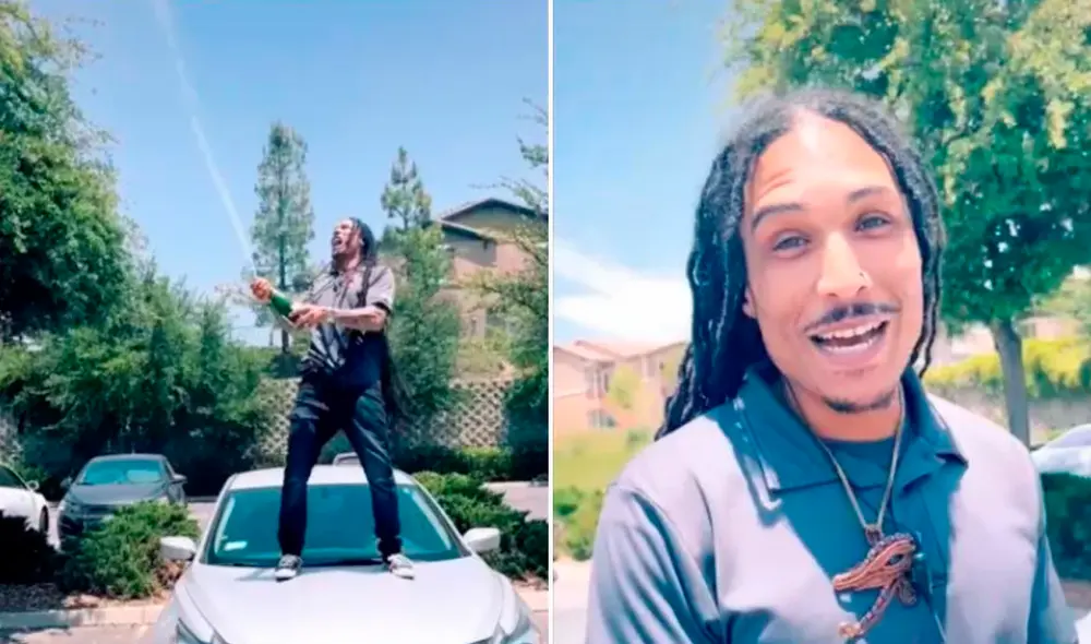 El muchacho se dirigió a su auto y abrió una botella de champaña para festejar su renuncia. Foto: composición LR/captura de TikTok/@kingcjdukes El muchacho se dirigió a su auto y abrió una botella de champaña para festejar su renuncia. Foto: composición LR/captura de TikTok/@kingcjdukes