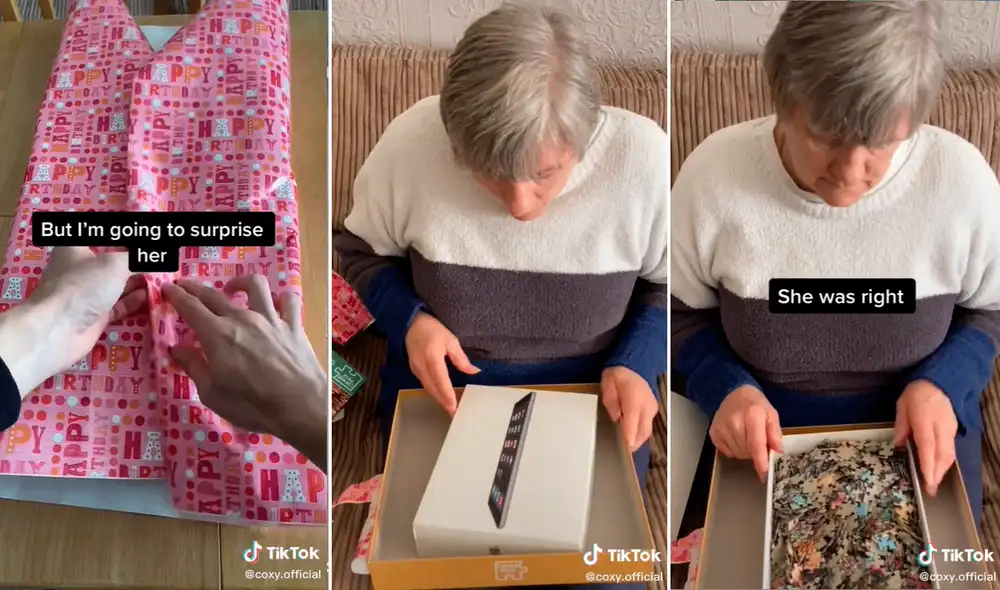 La adulta mayor creía que su hijo le había comprado el aparato electrónico que deseaba tener. Foto: composición LR/captura de TikTok/@coxy.oficial