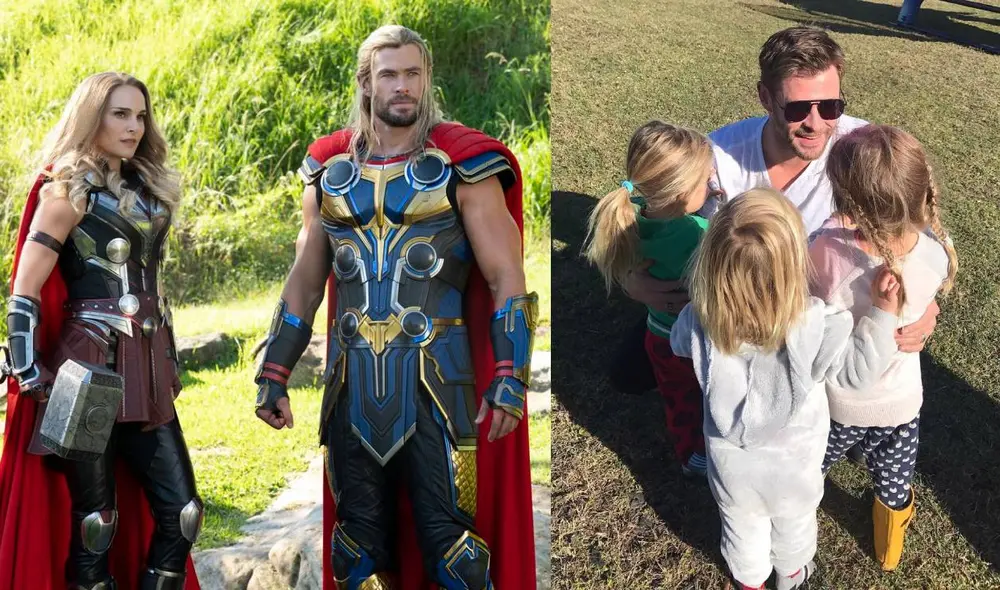 "Thor: love and thunder" sumó a su reparto a los pequeños hijos de Chris Hemsworth, Natalie Portman, Christian Bale y hasta el mismo Taika Waititi. Foto: composición/Marvel