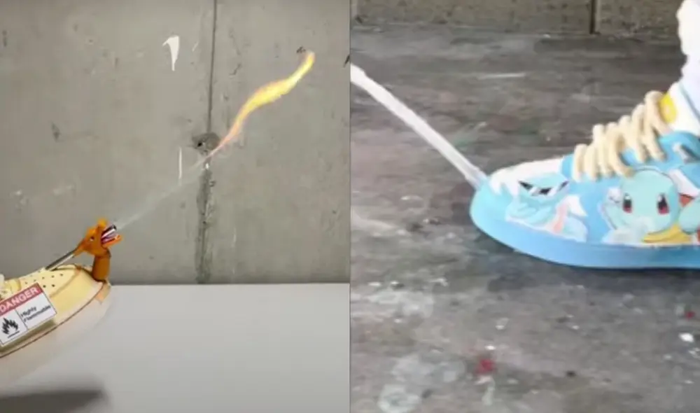 Estas zapatillas cuentan con una válvula para cerrar el agua y fuego en cada una. Foto: composición LR/ captura de YouTube/Cater Clips Estas zapatillas cuentan con una válvula para cerrar el agua y fuego en cada una. Foto: composición LR/ captura de YouTube/Cater Clips