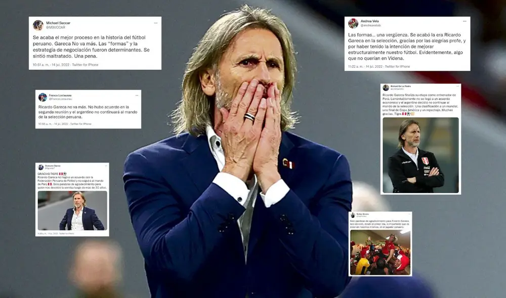 La salida de Ricardo Gareca causó distintas reacciones en los periodistas. Foto: Composición/FPF/Giancarlo Granda/Jose Chavarri/Andrea Vela/Franco Lostanau/Richard de la Piedra/Michael Succar/Twitter.