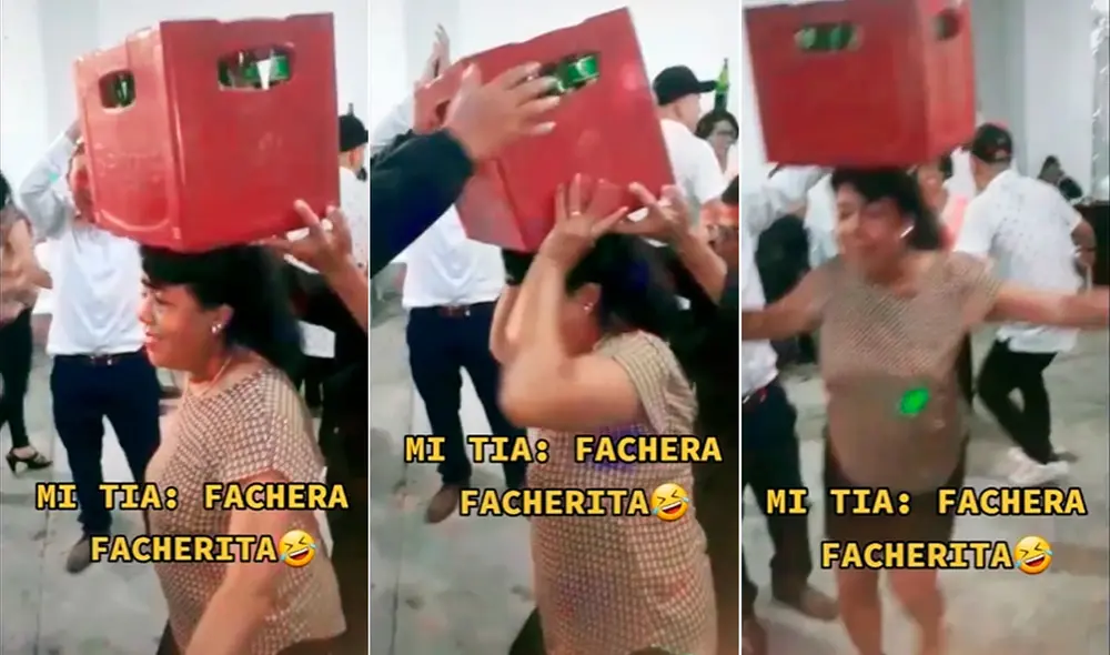 La destreza de esta señora para bailar con una caja de cervezas en la cabeza impresionó a miles. Foto: composición LR/captura de TikTok/@josecas296
