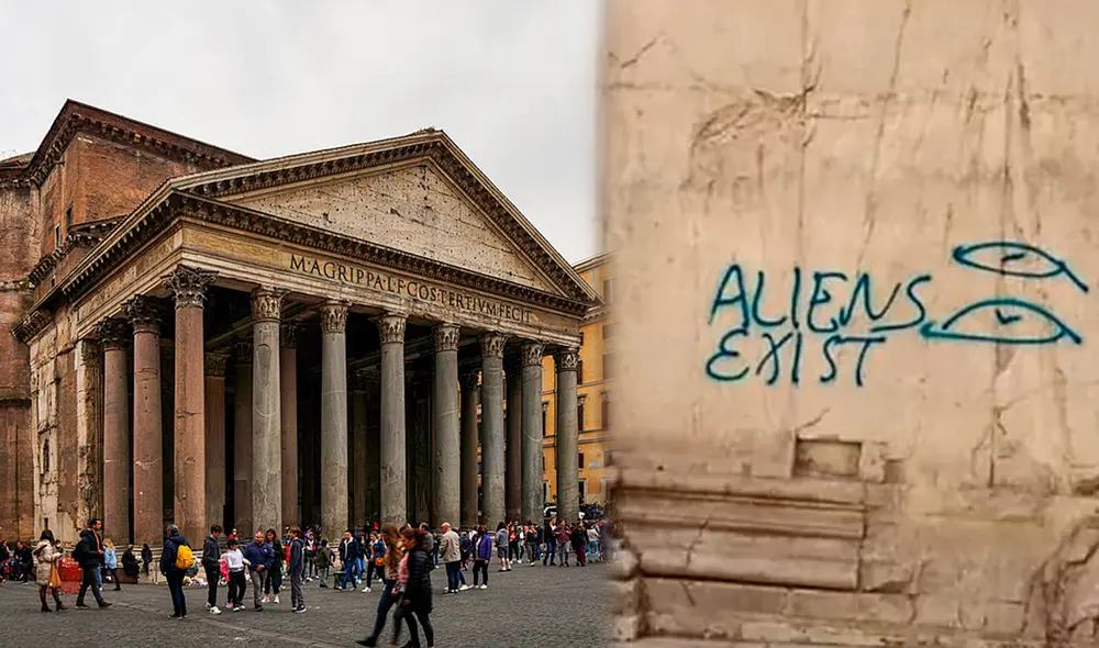 Restauradores ya se encuentran trabajando para borrar grafiti del Panteón de Roma. Foto: Usuario NikonZ7II/ El Mundo