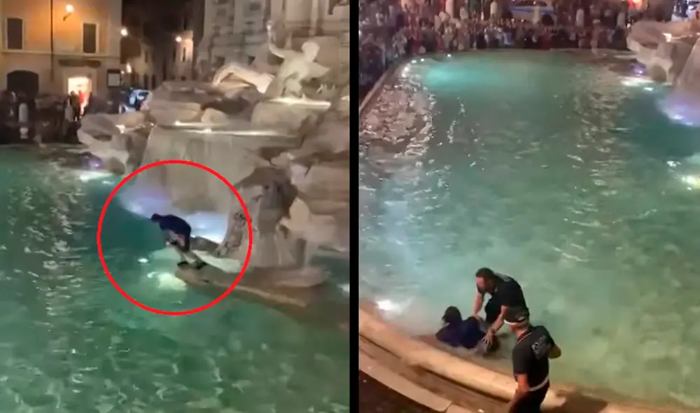 Hombre decidió meterse a nadar en la "Fontana di Trevi" y lo multaron. Sin embargo, dos horas más tarde volvió a zambullirse. Foto: captura de Youtube/Contrapunto Hombre decidió meterse a nadar en la "Fontana di Trevi" y lo multaron. Sin embargo, dos horas más tarde volvió a zambullirse. Foto: captura de Youtube/Contrapunto