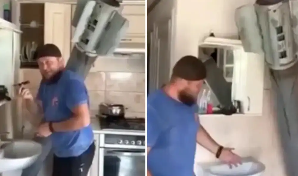 En el video podemos ver al despreocupado sujeto y al agujero en su techo por donde entró el misil sin detonar. Foto: composición LR / Reddit: u/boykob