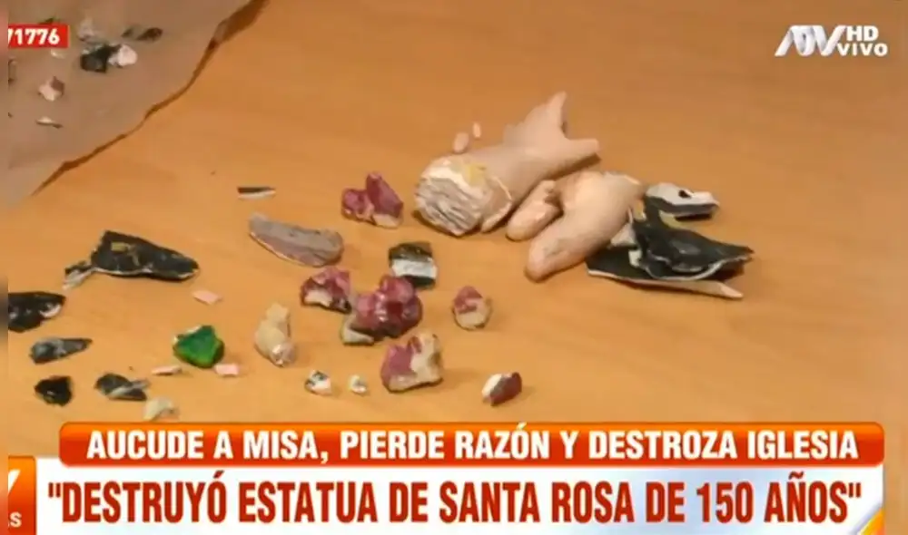 “Dios me envió a destruir la estatua de Santa Rosa”, aseguró el sujeto que atacó la Parroquia Santa Rosa del Callao. Foto: captura de ATV.