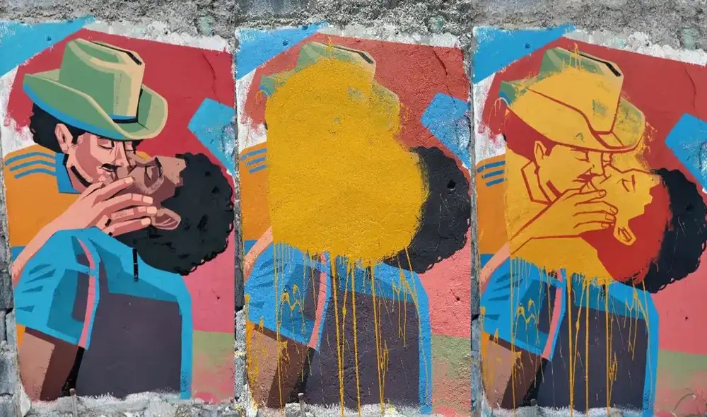 "Alguien hizo su intervención con una enorme mancha amarilla buscando invalidar un simple momento de amor", dijo el autor. Foto: Alejandro Guerrero Arriaga/Facebook "Alguien hizo su intervención con una enorme mancha amarilla buscando invalidar un simple momento de amor", dijo el autor. Foto: Alejandro Guerrero Arriaga/Facebook